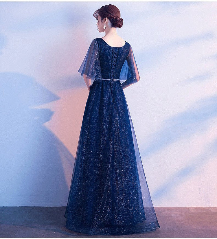 Beauty - Emily Tulle V Neck Ruffle Evening Dresses Long A - line Crystal Formal Dress Party Prom Gowns Lace Up Back Vestido de noche - Serenity Spaces