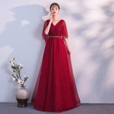 Beauty - Emily Tulle V Neck Ruffle Evening Dresses Long A - line Crystal Formal Dress Party Prom Gowns Lace Up Back Vestido de noche - Serenity Spaces