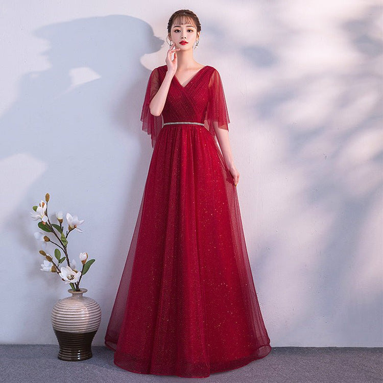 Beauty - Emily Tulle V Neck Ruffle Evening Dresses Long A - line Crystal Formal Dress Party Prom Gowns Lace Up Back Vestido de noche - Serenity Spaces
