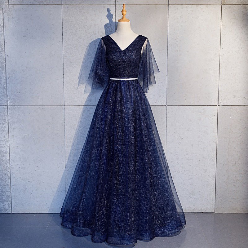 Beauty - Emily Tulle V Neck Ruffle Evening Dresses Long A - line Crystal Formal Dress Party Prom Gowns Lace Up Back Vestido de noche - Serenity Spaces