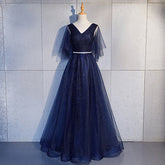Beauty - Emily Tulle V Neck Ruffle Evening Dresses Long A - line Crystal Formal Dress Party Prom Gowns Lace Up Back Vestido de noche - Serenity Spaces
