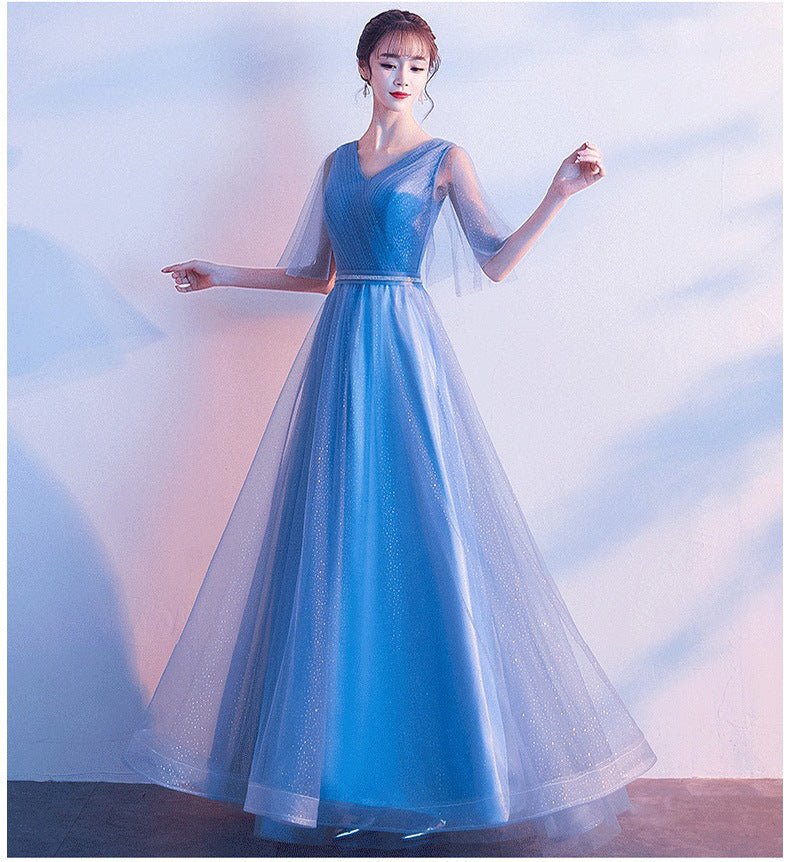 Beauty - Emily Tulle V Neck Ruffle Evening Dresses Long A - line Crystal Formal Dress Party Prom Gowns Lace Up Back Vestido de noche - Serenity Spaces