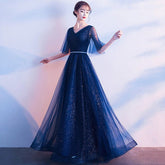 Beauty - Emily Tulle V Neck Ruffle Evening Dresses Long A - line Crystal Formal Dress Party Prom Gowns Lace Up Back Vestido de noche - Serenity Spaces