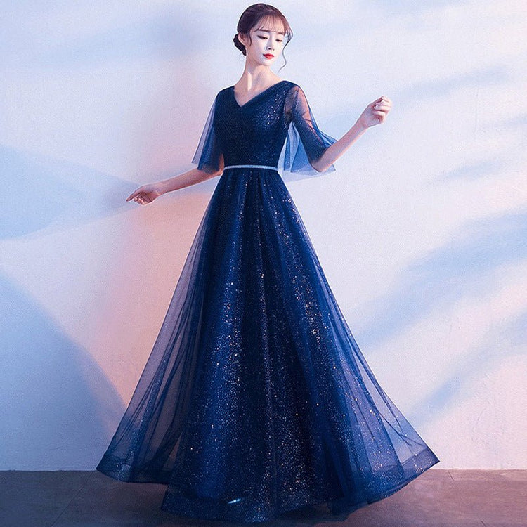 Beauty - Emily Tulle V Neck Ruffle Evening Dresses Long A - line Crystal Formal Dress Party Prom Gowns Lace Up Back Vestido de noche - Serenity Spaces
