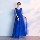 Beauty - Emily Tulle V Neck Ruffle Evening Dresses Long A - line Crystal Formal Dress Party Prom Gowns Lace Up Back Vestido de noche - Serenity Spaces