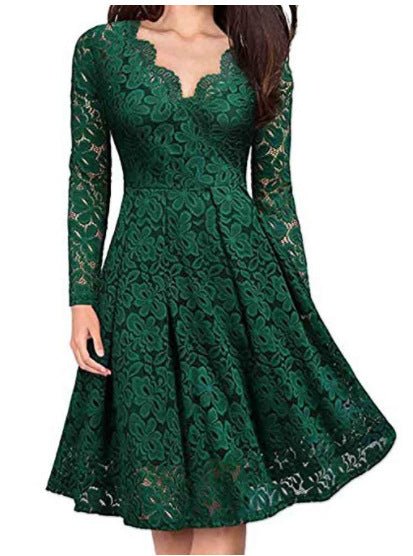 Women Dresses V - Neck Off Shoulder Lace Evening Party Dress Long Sleeve Dress Spring Autumn Vestido Invierno Mujer - Serenity Spaces