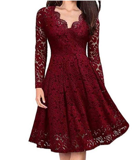 Women Dresses V - Neck Off Shoulder Lace Evening Party Dress Long Sleeve Dress Spring Autumn Vestido Invierno Mujer - Serenity Spaces