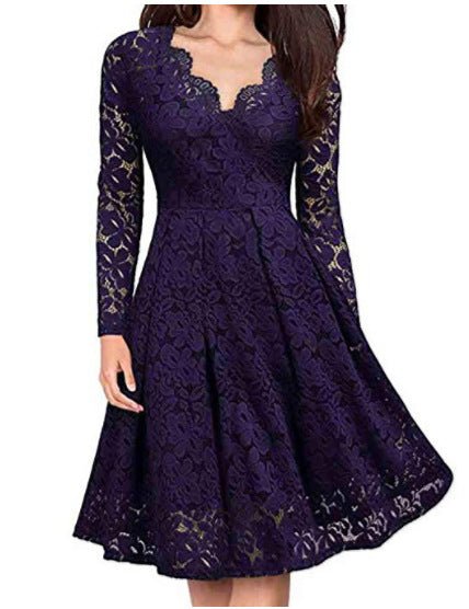 Women Dresses V - Neck Off Shoulder Lace Evening Party Dress Long Sleeve Dress Spring Autumn Vestido Invierno Mujer - Serenity Spaces