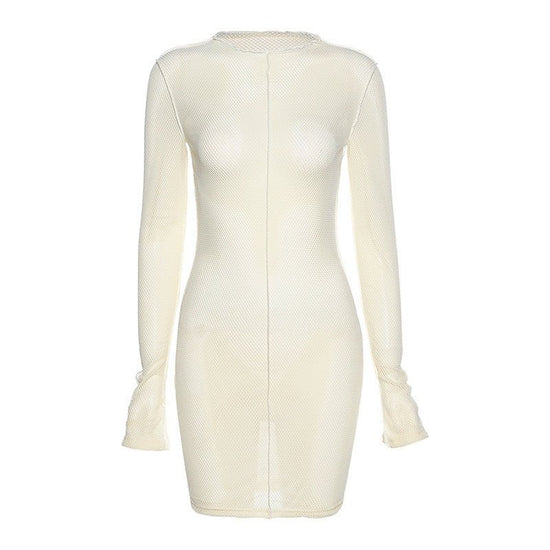 Simenual Mesh Skinny Women Mini Dresses Spring Fashion Clubwear Bodycon Solid Hollow Out Party Dress Sexy Birthday Clothing - Serenity Spaces