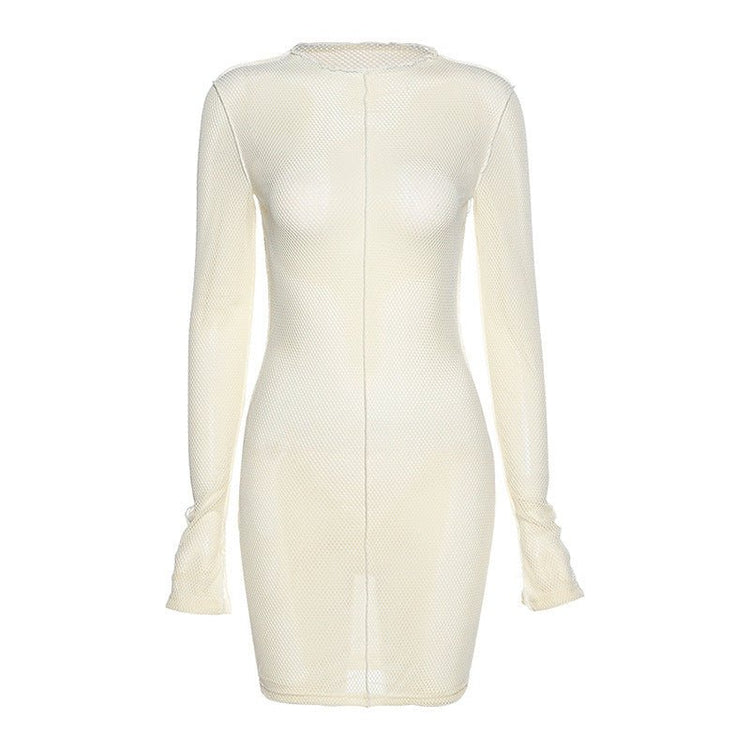 Simenual Mesh Skinny Women Mini Dresses Spring Fashion Clubwear Bodycon Solid Hollow Out Party Dress Sexy Birthday Clothing - Serenity Spaces