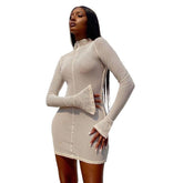 Simenual Mesh Skinny Women Mini Dresses Spring Fashion Clubwear Bodycon Solid Hollow Out Party Dress Sexy Birthday Clothing - Serenity Spaces