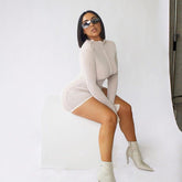 Simenual Mesh Skinny Women Mini Dresses Spring Fashion Clubwear Bodycon Solid Hollow Out Party Dress Sexy Birthday Clothing - Serenity Spaces