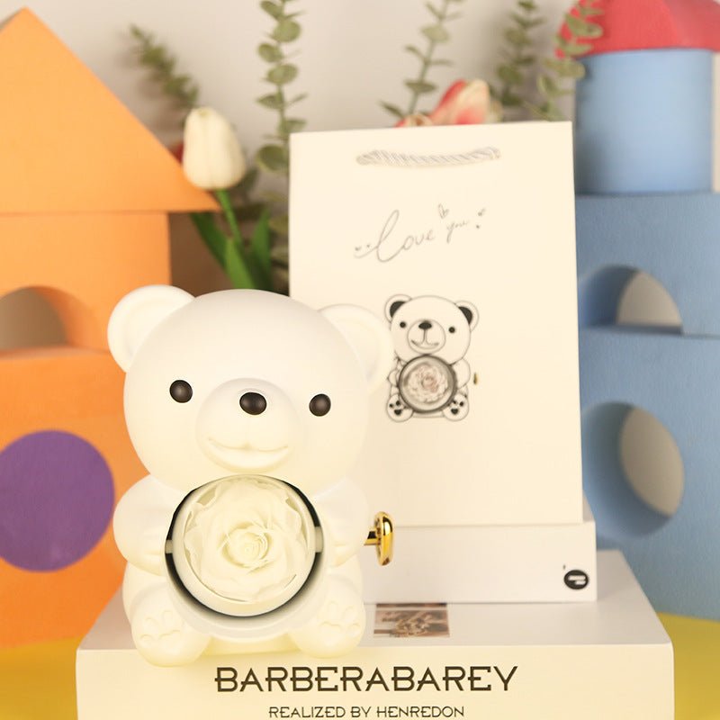 Eternal Rose Teddy Bear Gifts Box With Necklace Rotate Rose Jewelry Box Valentine Wedding Storage Gift Case For Women Girlfriend - Serenity Spaces