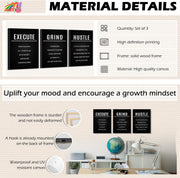 Hustle Grind Execute Wall Art Set - 3 Pieces 16"X24" Motivational Canvas Wall Art with Wooden Frame, Inspirational Quotes Decor for Office & Home Motivational Posters, Office & Gym Decor