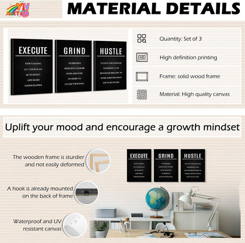 Hustle Grind Execute Wall Art Set - 3 Pieces 16"X24" Motivational Canvas Wall Art with Wooden Frame, Inspirational Quotes Decor for Office & Home Motivational Posters, Office & Gym Decor