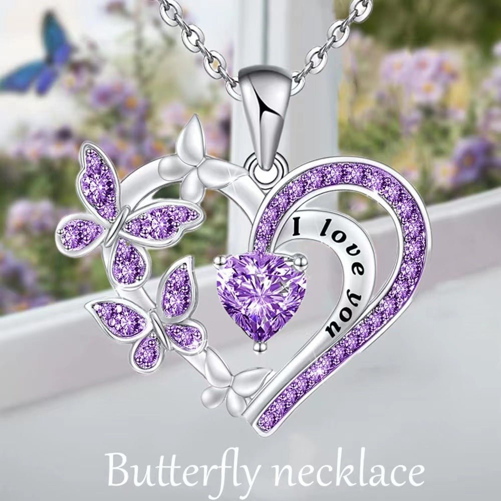 Ins Butterfly Love Necklace With Rhinestones Fashion Personality Hollow Heart - shaped Clavicle Chain Pendant Necklace For Valentine&