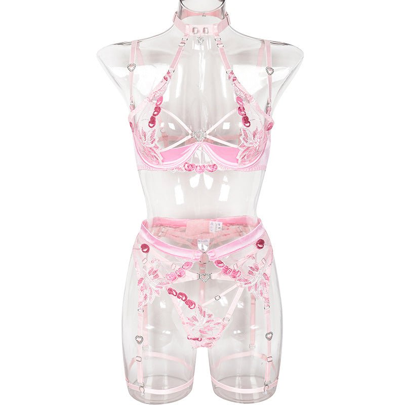Love Drill Buckle Sexy Cutout Embroidered Sexy Lingerie Suit - Serenity Spaces
