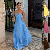 Ins Pleated Sleeveless Sling Dress Hollow High Waist Halter Robe Dresses For Evening Party Club Clothing Women - Serenity Spaces