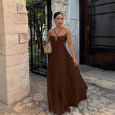 Ins Pleated Sleeveless Sling Dress Hollow High Waist Halter Robe Dresses For Evening Party Club Clothing Women - Serenity Spaces