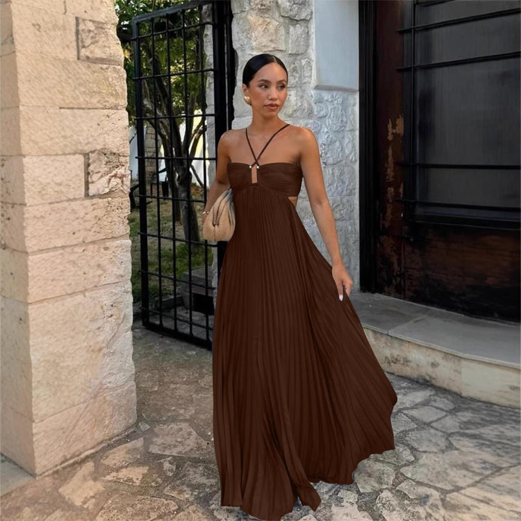 Ins Pleated Sleeveless Sling Dress Hollow High Waist Halter Robe Dresses For Evening Party Club Clothing Women - Serenity Spaces