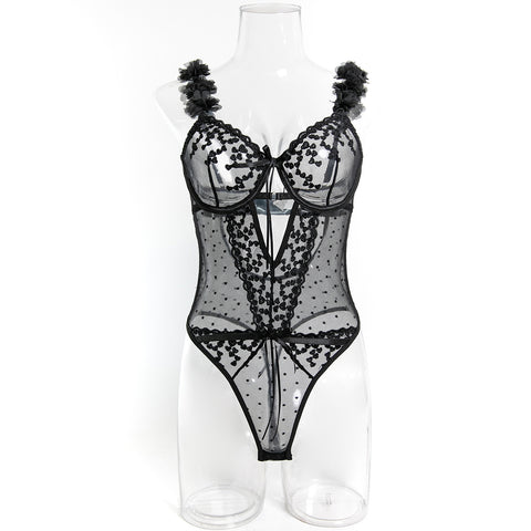 Pink Petals Love Embroidered Romantic Girls' Clothing Design Sexy Lingerie Jumpsuit