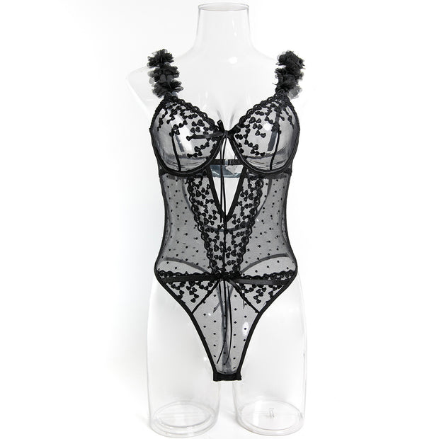 Pink Petals Love Embroidered Romantic Girls' Clothing Design Sexy Lingerie Jumpsuit