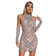 High-end Women's Heavy-duty Rhinestone Plaid Sequined Gloves Ultra-short Dress