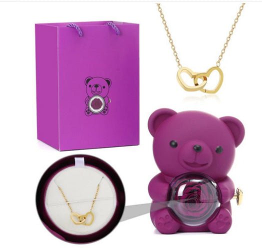 Eternal Rose Teddy Bear Gifts Box With Necklace Rotate Rose Jewelry Box Valentine Wedding Storage Gift Case For Women Girlfriend - Serenity Spaces