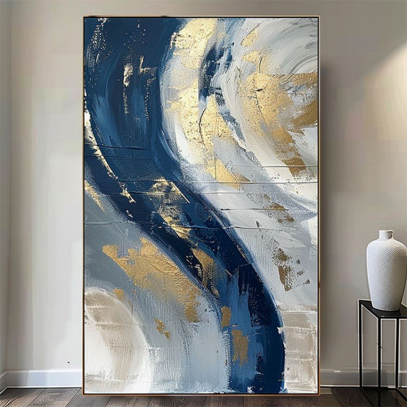 Luxury Handmade Abstract Oil Painting Wall Art Modern Golden Blue Minimalist Texture Canvas Mural For Living Room Decor Frameless - Serenity Spaces