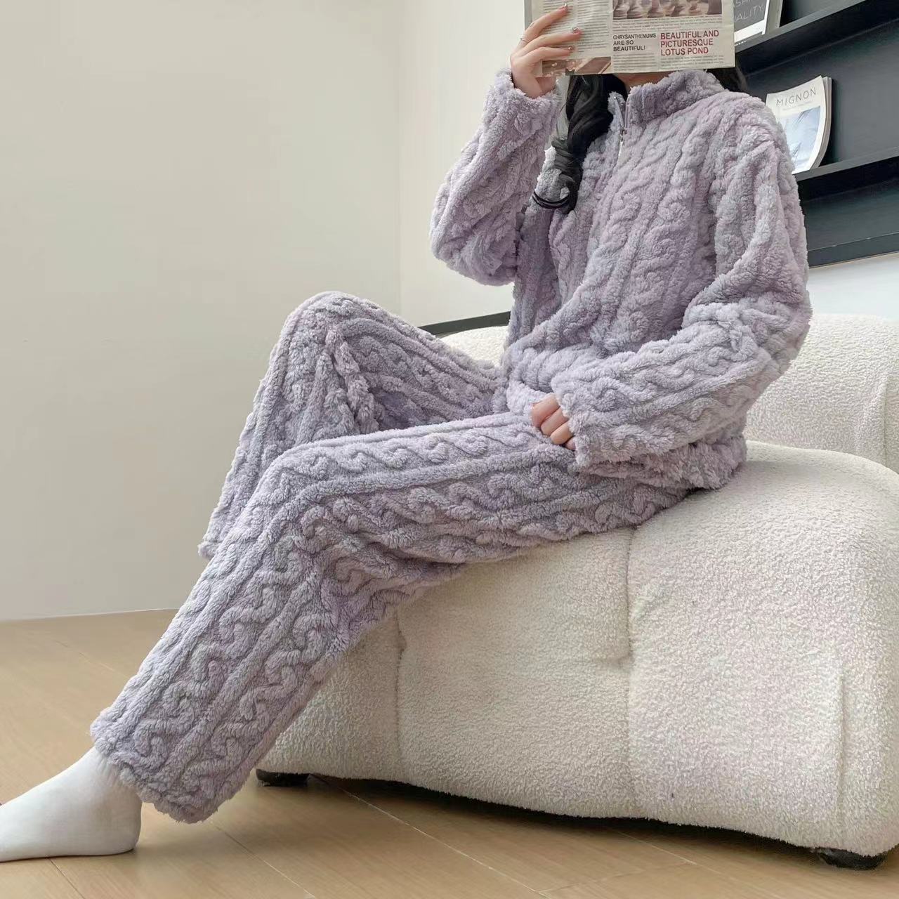 Autumn And Winter Zippered Fleece - lined Thick Coral Pajamas Loungewear Sleepwear - Serenity Spaces