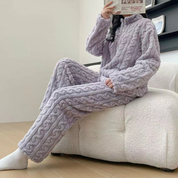 Autumn And Winter Zippered Fleece - lined Thick Coral Pajamas Loungewear Sleepwear - Serenity Spaces