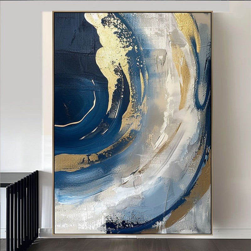 Luxury Handmade Abstract Oil Painting Wall Art Modern Golden Blue Minimalist Texture Canvas Mural For Living Room Decor Frameless - Serenity Spaces