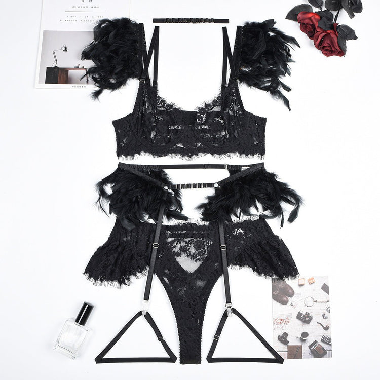 Feather Sexy Lingerie Lace Women Underwear Bra Panty - Serenity Spaces