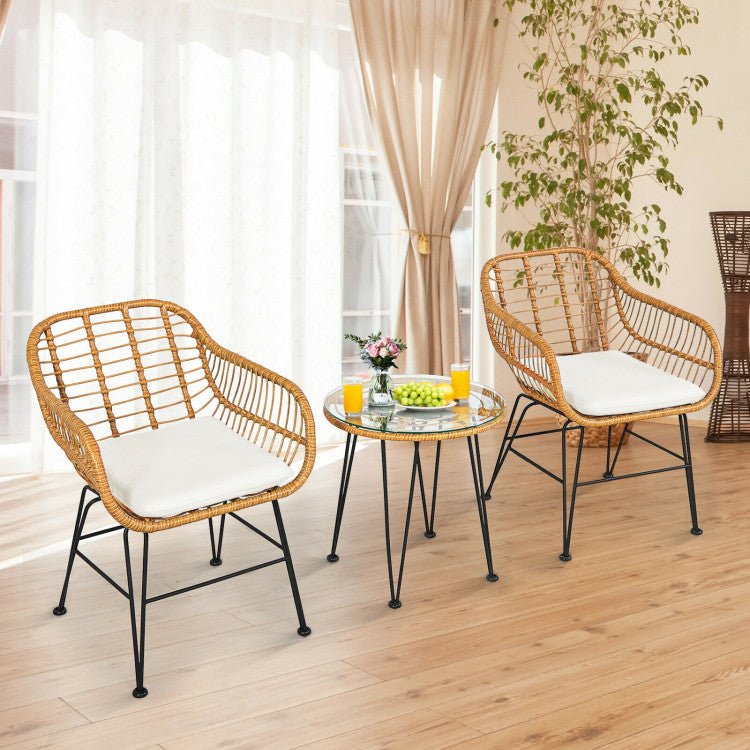 3 Pieces Rattan Furniture Set With Cushioned Chair Table - Serenity Spaces