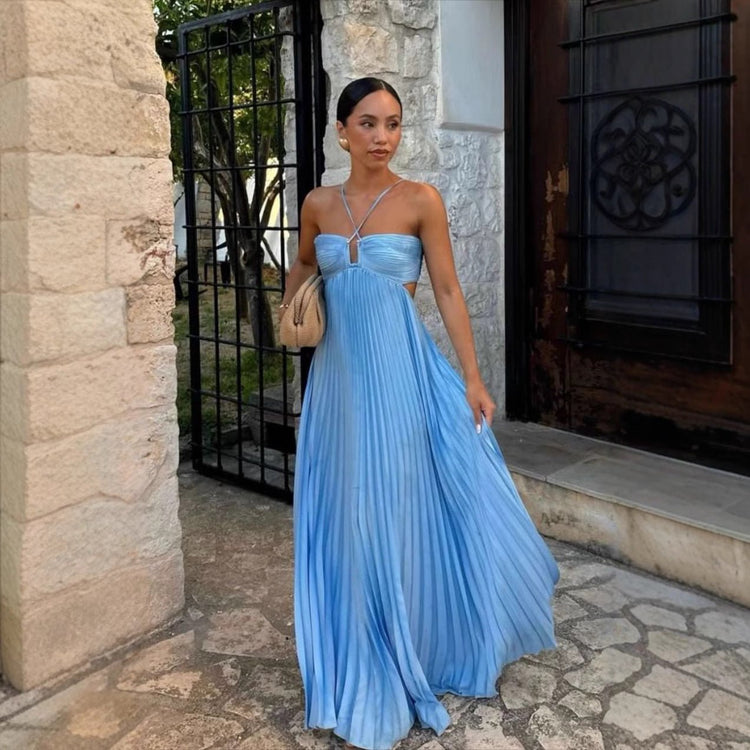 Ins Pleated Sleeveless Sling Dress Hollow High Waist Halter Robe Dresses For Evening Party Club Clothing Women - Serenity Spaces