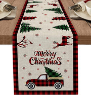 Christmas Truck Cotten Linen Table Runners 90 Inches Long, Red Buffalo Plaid, Non-Slip Burlap Table Cloth Runner for Home/Dining/Wedding/Party/Holiday, Farmhouse Christmas Theme Table Decorations