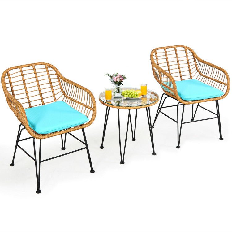 3 Pieces Rattan Furniture Set With Cushioned Chair Table - Serenity Spaces