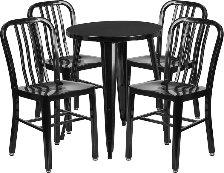 Thomas Commercial Grade 24" round Black Metal Indoor - Outdoor Table Set with 4 Vertical Slat Back Chairs - Serenity Spaces