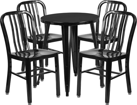 Thomas Commercial Grade 24" round Black Metal Indoor-Outdoor Table Set with 4 Vertical Slat Back Chairs