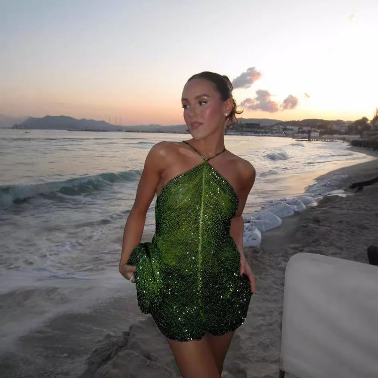 Sequin Tassel Halter Party Dress For Women - Serenity Spaces