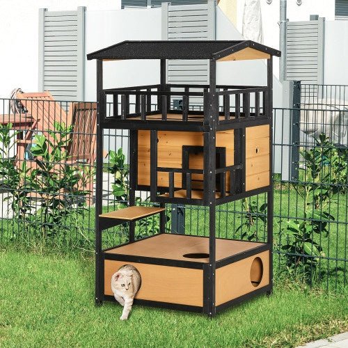 Wooden Outdoor Cat House, Wild Cat Shelter Kitten Tree - Serenity Spaces