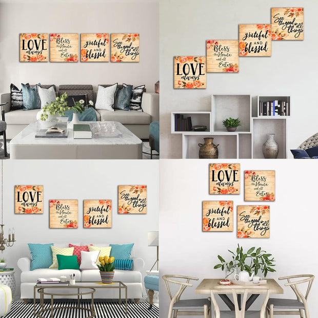 Rustic Blessed Love Sign Wall Art for Living Room Bathroom Decor Wall Art Floral Canvas Wall Art Set, Multi Panel Wood Wall Art Prints 4 Piece 12X12 Inches Farmhouse Wall Art Home Artwork