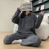 Autumn And Winter Zippered Fleece - lined Thick Coral Pajamas Loungewear Sleepwear - Serenity Spaces