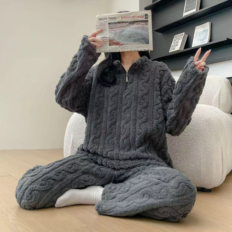 Autumn And Winter Zippered Fleece - lined Thick Coral Pajamas Loungewear Sleepwear - Serenity Spaces