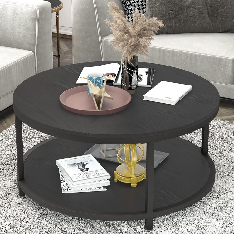 round Coffee Table, 36" Rustic Wooden Surface Top & Sturdy Metal Legs Industrial Sofa Table for Living Room Modern Design Home Furniture with Storage Open Shelf (Black Oak) - Serenity Spaces