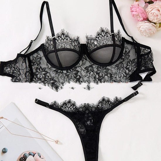 Black Mesh Bra Anti - sagging Lace Sexy Lingerie Set Women - Serenity Spaces