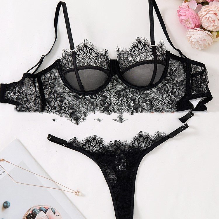 Black Mesh Bra Anti - sagging Lace Sexy Lingerie Set Women - Serenity Spaces