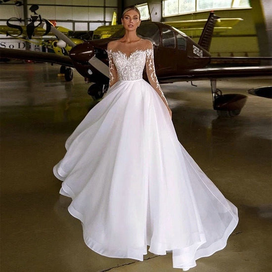 Embroidered Long Sleeve Off - the - shoulder Wedding Dress - Serenity Spaces