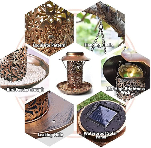 Solar Bird Feeder Hanging with LED Solar Powered Light for outside Garden Decor Waterproof Retro Metal Garden Lantern Birdfeeders for Yard Outdoor Home Decoration