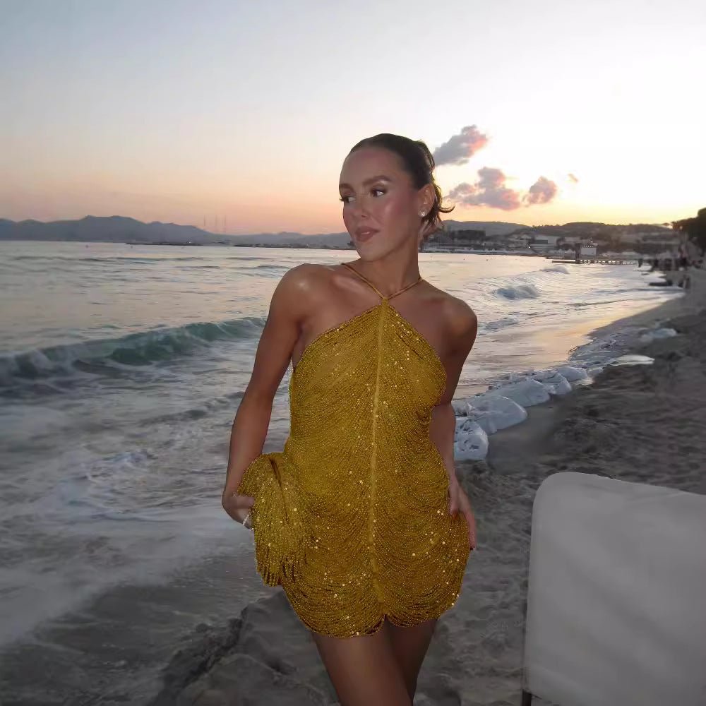 Sequin Tassel Halter Party Dress For Women - Serenity Spaces